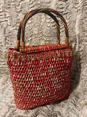 Woven Red and Natural Straw Tote with Multicolor Wrapped Handles